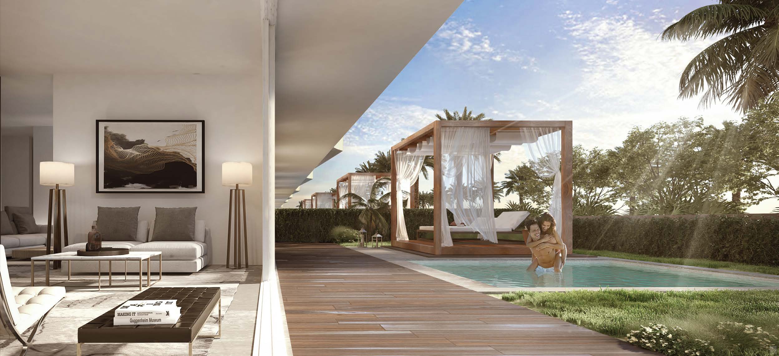 Living area with pool view